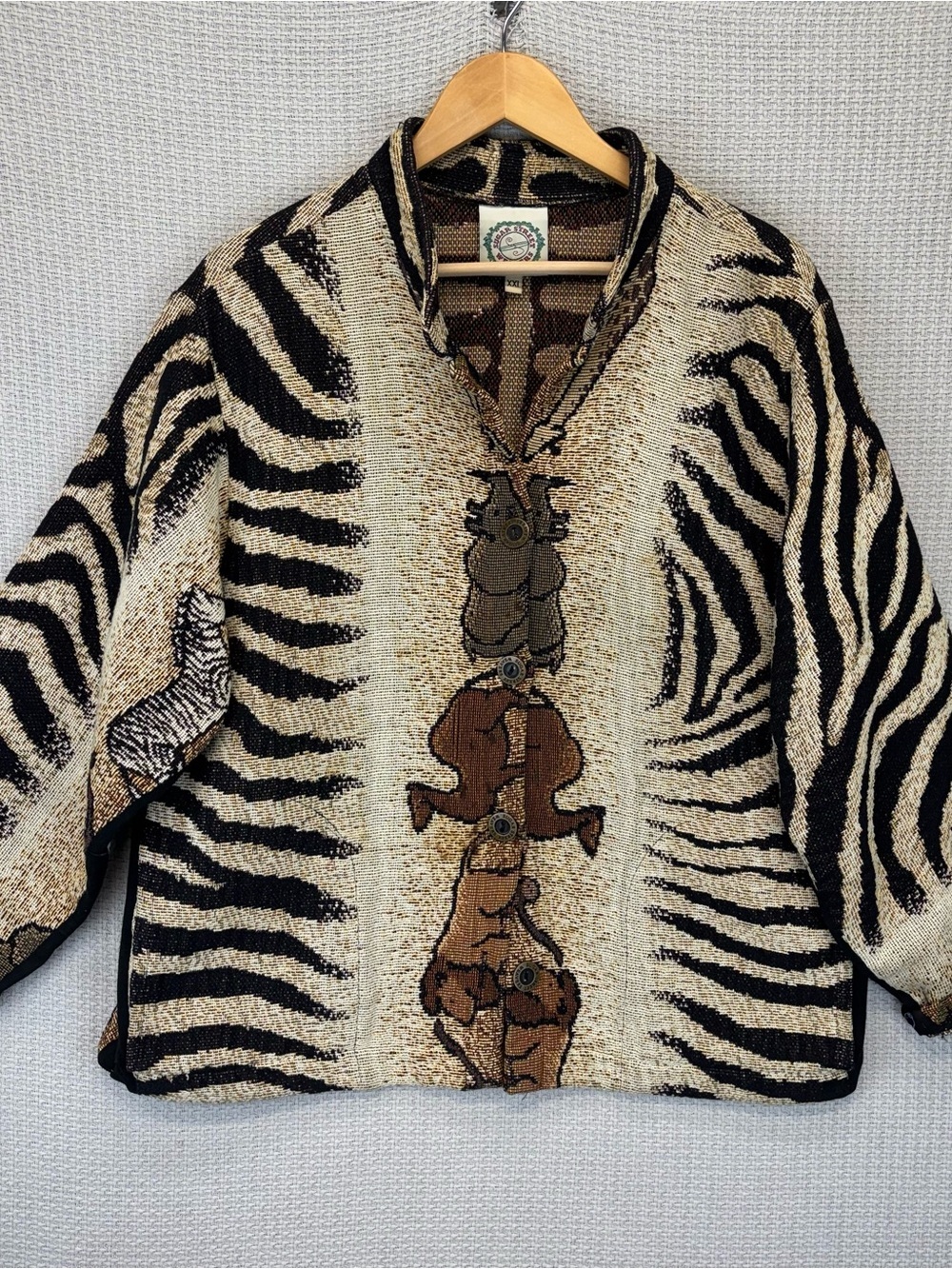 Woven Animal-Print Jacket with Embroidered Motif - Beige & Black